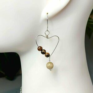 BOGO EARRINGS Tigers Eye Gemstone Heart Dangle Earrings, 2"